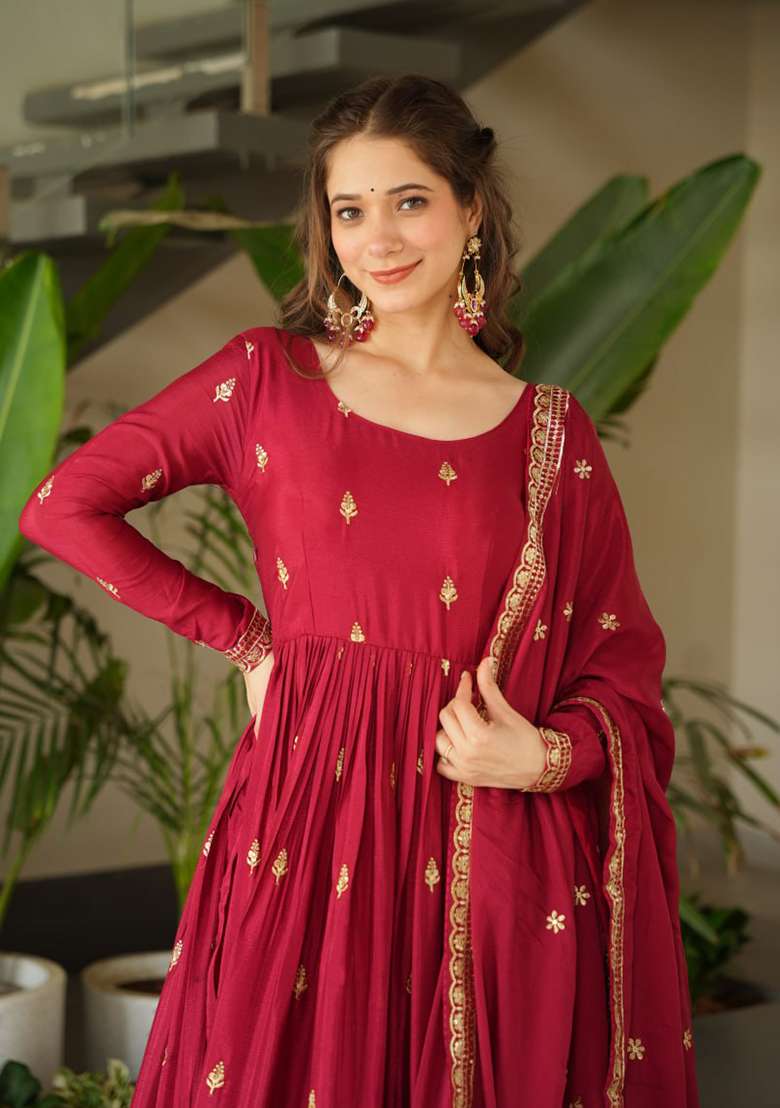 Maroon Embroidered Chinon Anarkali Set - Indya
