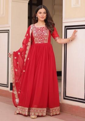 Red Embroidered Faux Blooming Anarkali Set