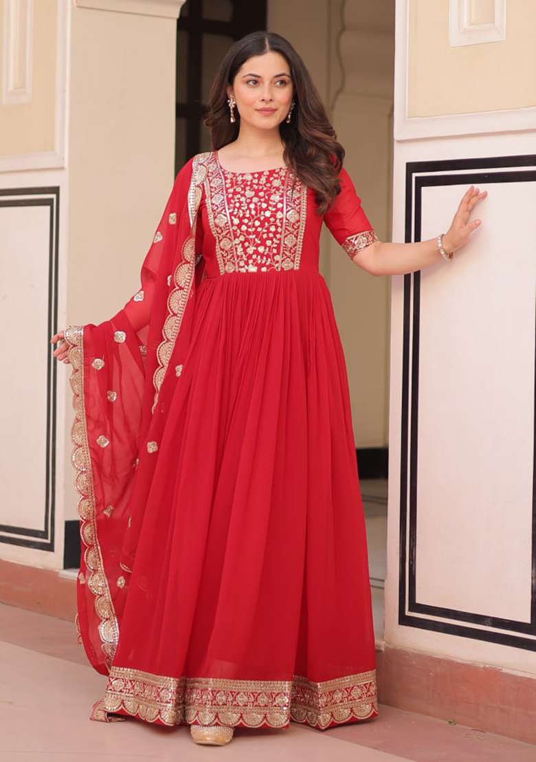 Red Embroidered Faux Blooming Anarkali Set - Indya