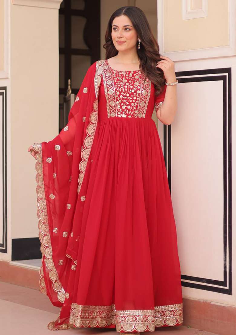 Red Embroidered Faux Blooming Anarkali Set - Indya