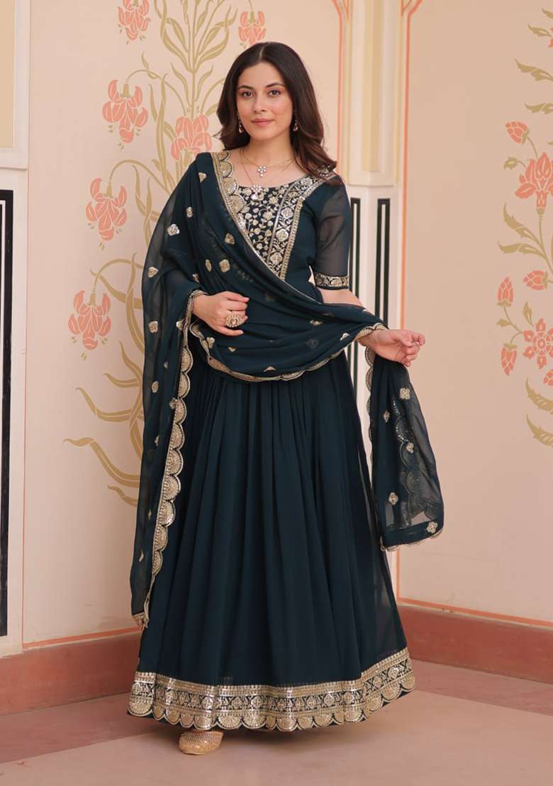 Rama Blue Embroidered Faux Blooming Anarkali Set - Indya