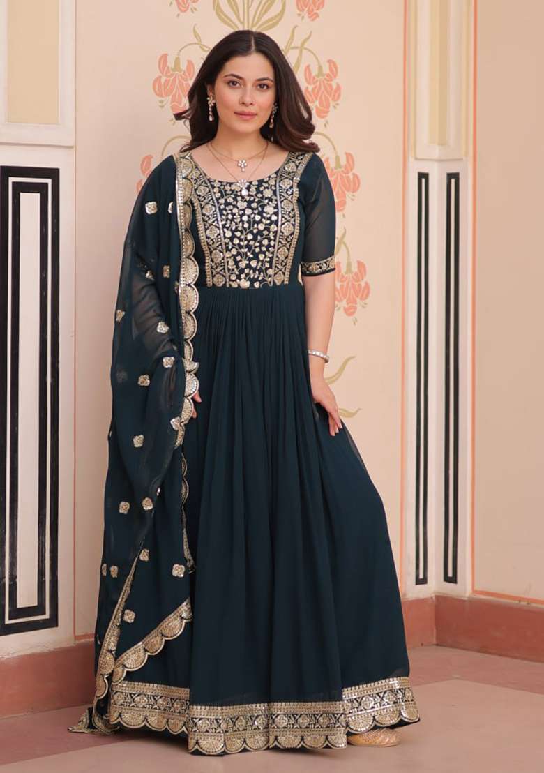 Rama Blue Embroidered Faux Blooming Anarkali Set - Indya
