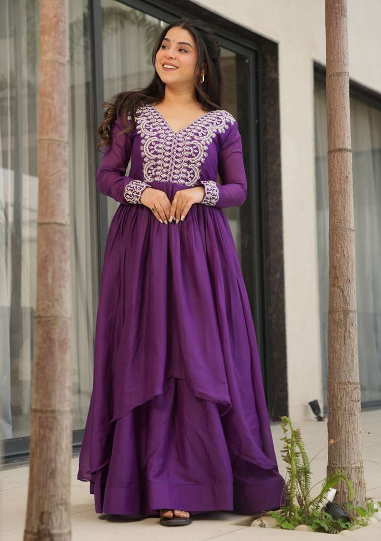 Purple Embroidery Georgette Salwar Kameez - Indya
