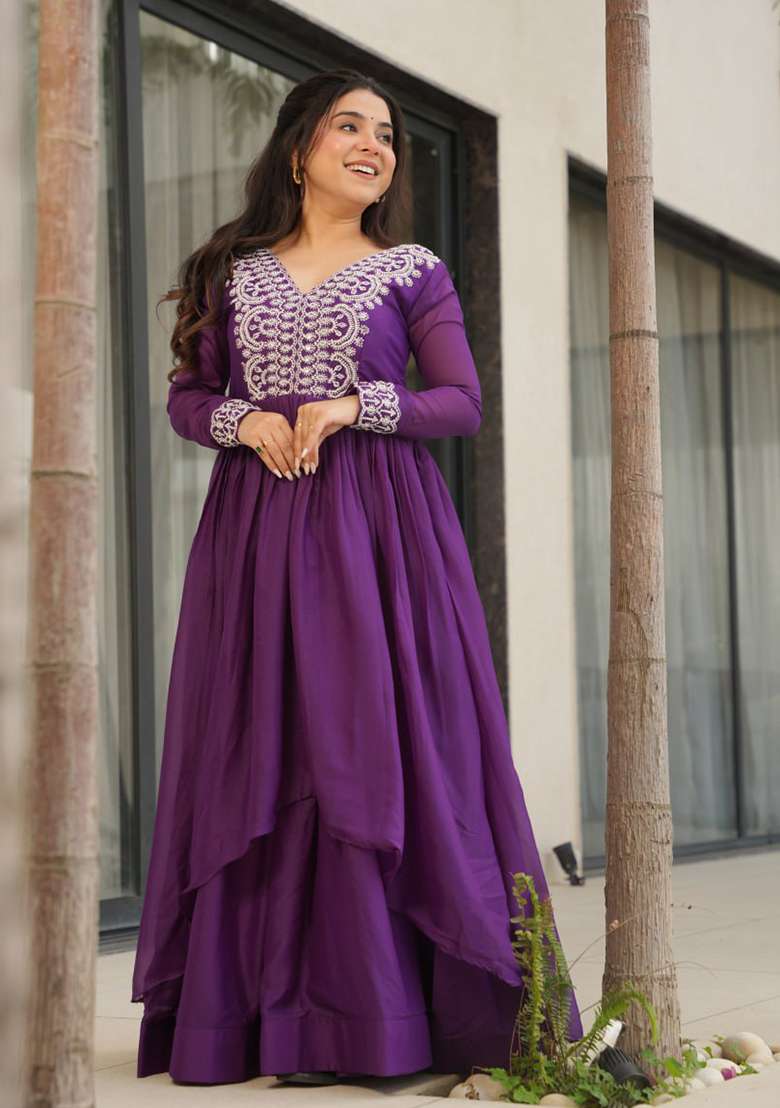 Purple Embroidery Georgette Salwar Kameez - Indya