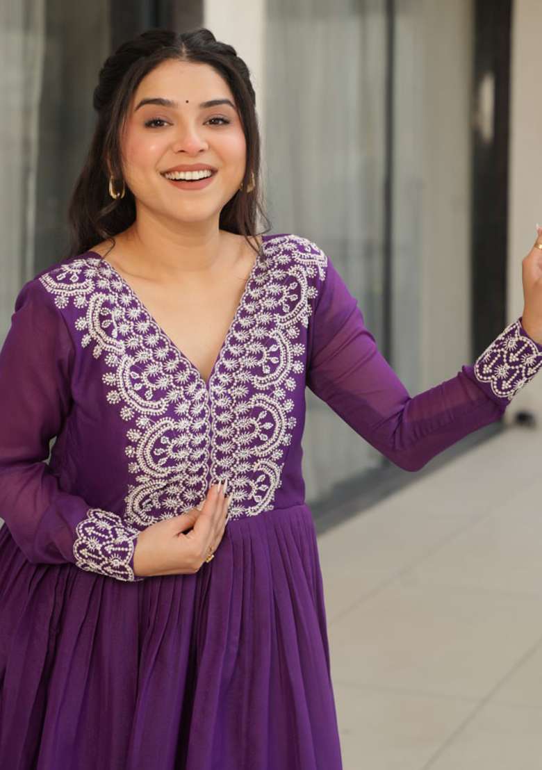 Purple Embroidery Georgette Salwar Kameez - Indya