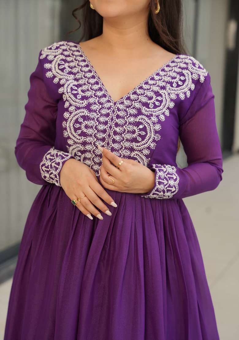 Purple Embroidery Georgette Salwar Kameez - Indya