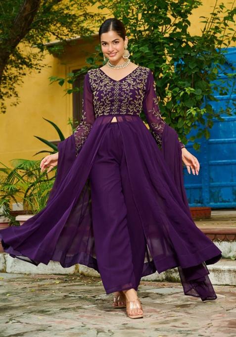 Wine Embroidery Faux Blooming Salwar Kameez