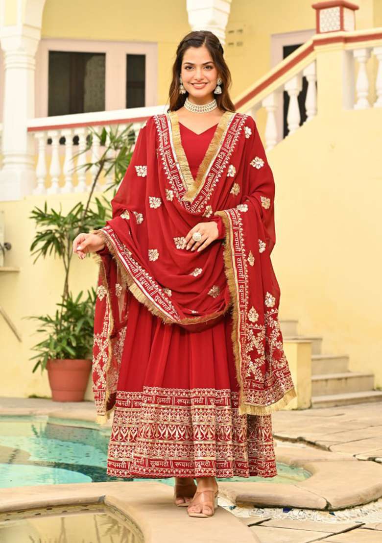 Red Embroidered Faux Blooming Anarkali Set - Indya