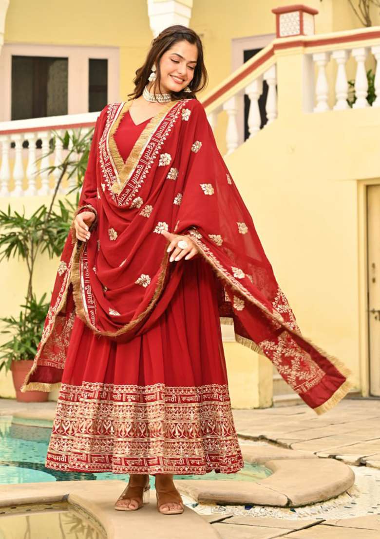 Red Embroidered Faux Blooming Anarkali Set - Indya