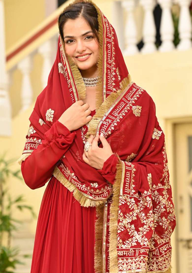Red Embroidered Faux Blooming Anarkali Set - Indya