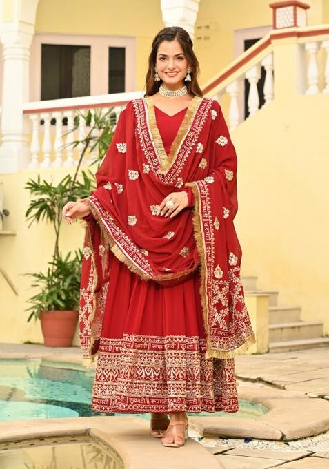 Red Embroidery Faux Blooming Salwar Kameez