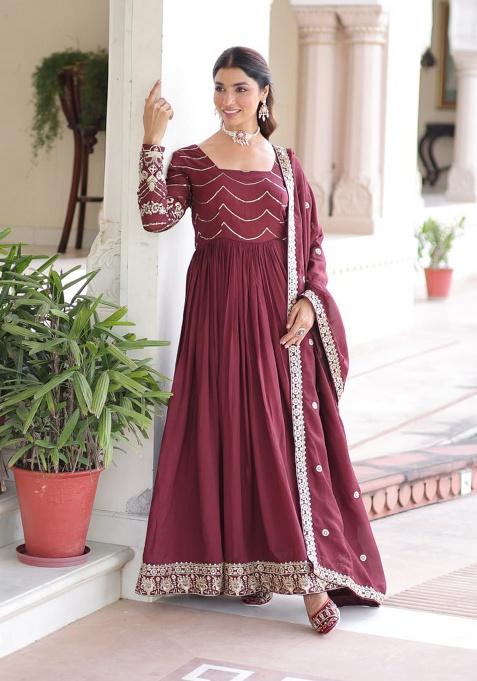 Maroon Embroidery Silk Salwar Kameez
