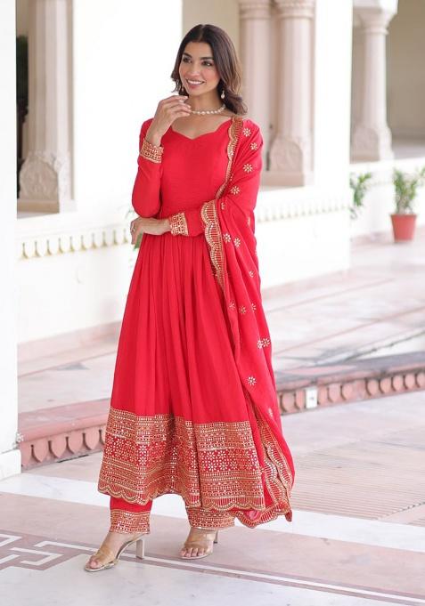 Red Embroidery Silk Salwar Kameez