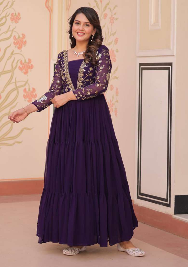 Purple Embroidered Faux Blooming Anarkali Set - Indya
