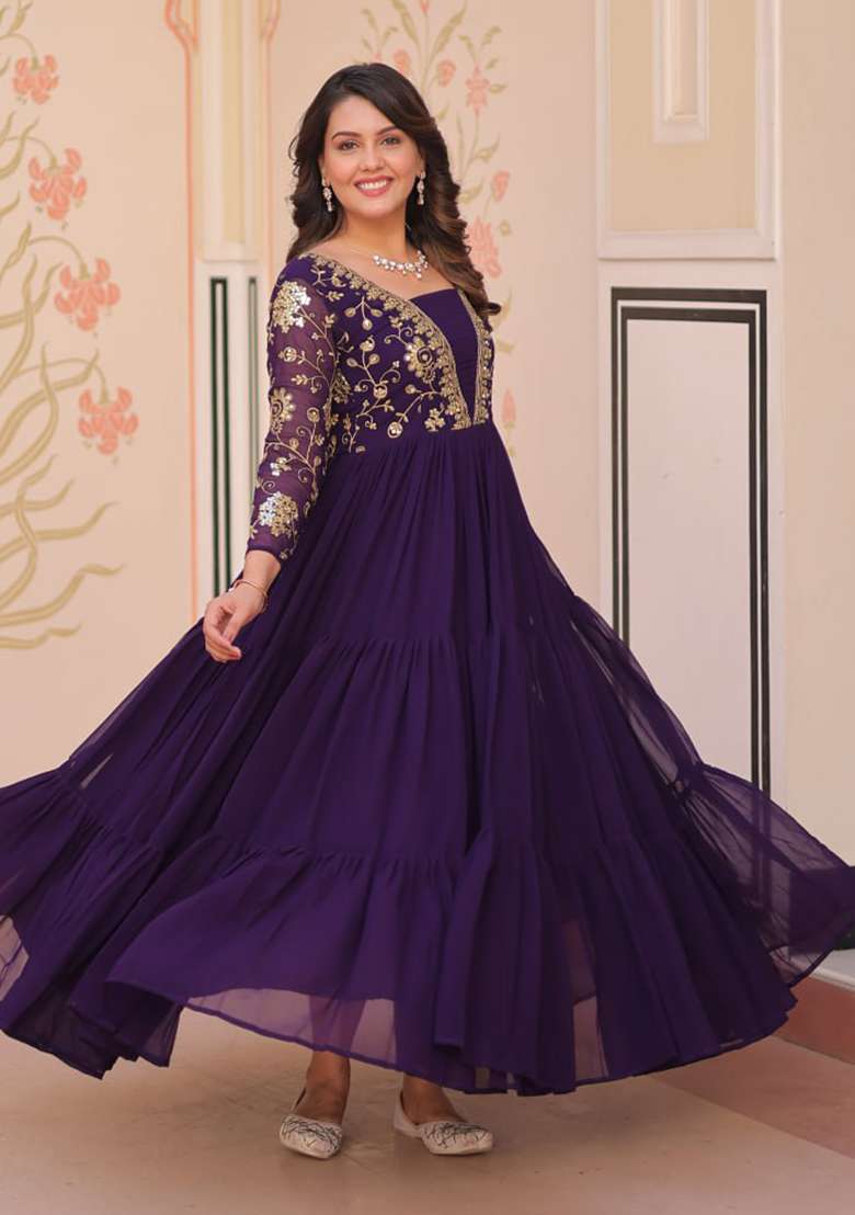 Purple Embroidered Faux Blooming Anarkali Set - Indya