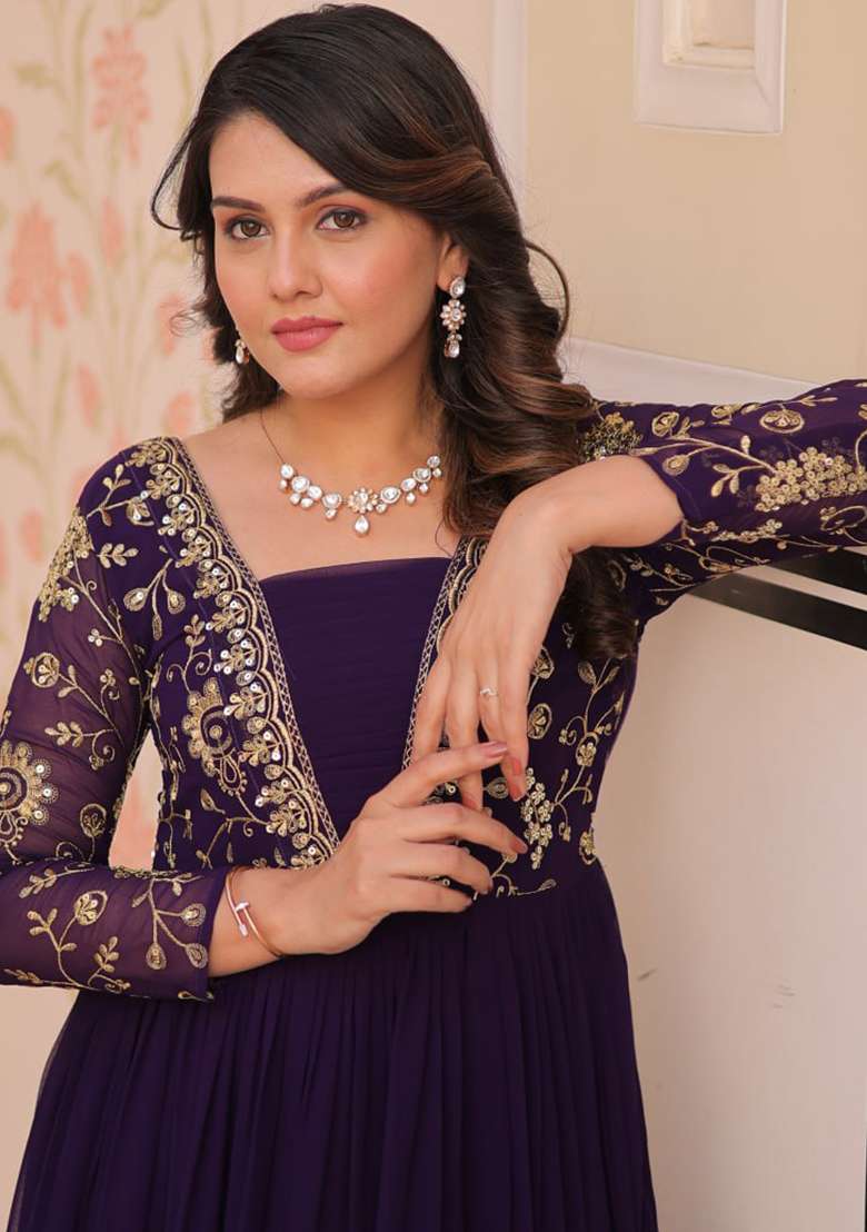 Purple Embroidered Faux Blooming Anarkali Set - Indya