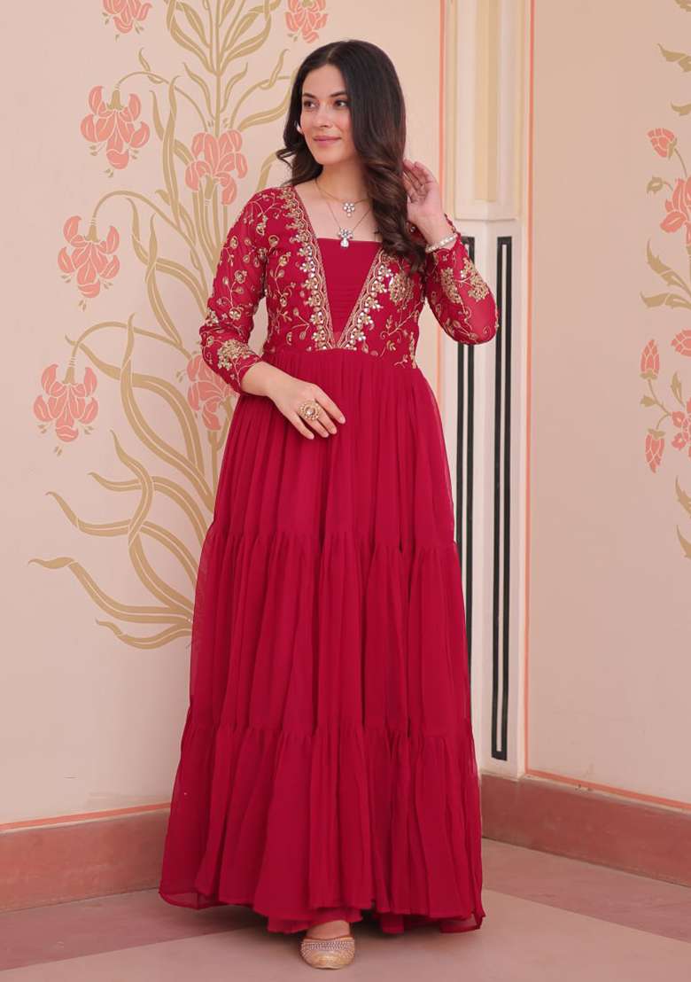 Rani Pink Embroidered Faux Blooming Anarkali Set - Indya