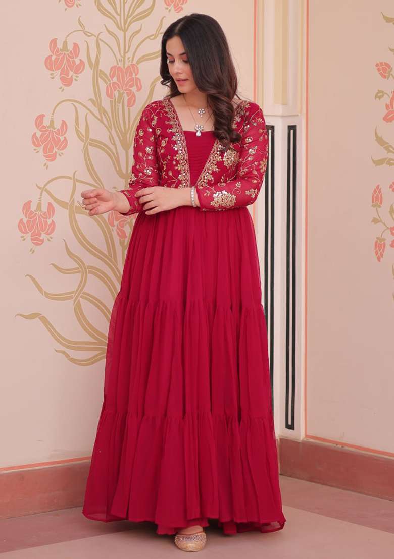 Rani Pink Embroidered Faux Blooming Anarkali Set - Indya