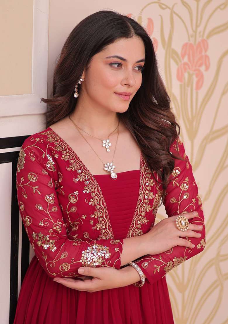 Rani Pink Embroidered Faux Blooming Anarkali Set - Indya
