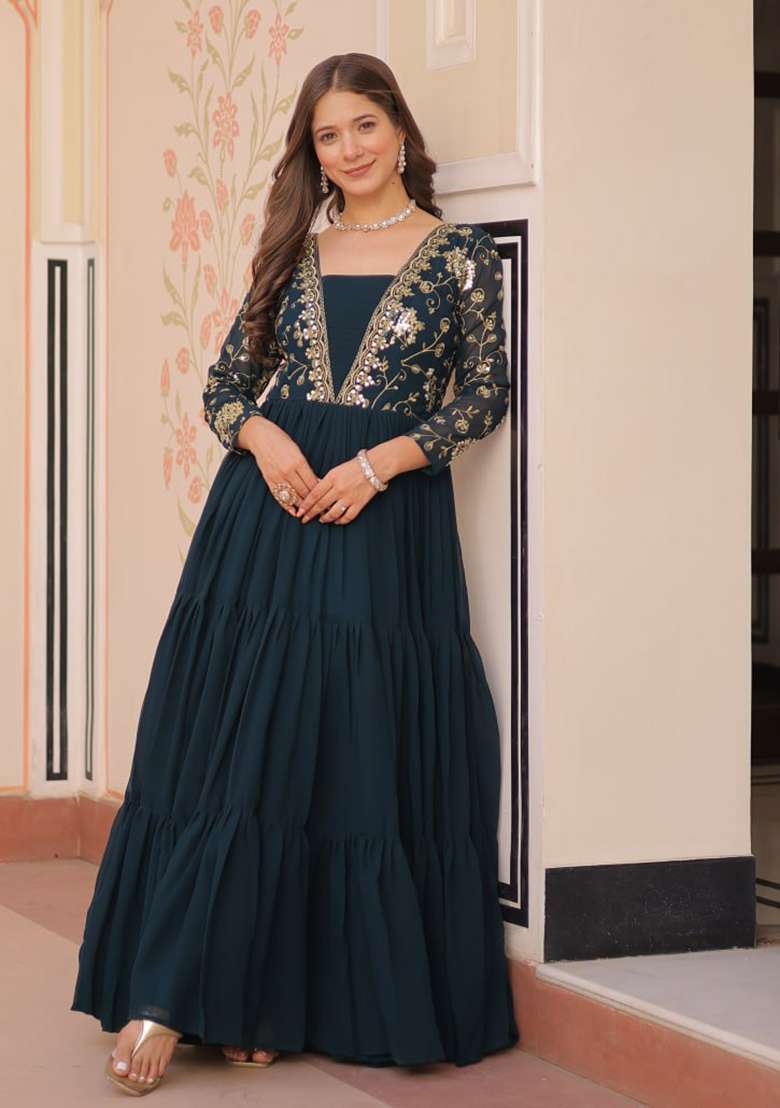 Rama Blue Embroidered Faux Blooming Anarkali Set - Indya