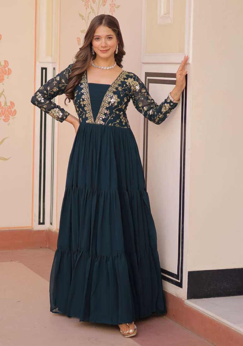 Rama Blue Embroidered Faux Blooming Anarkali Set - Indya
