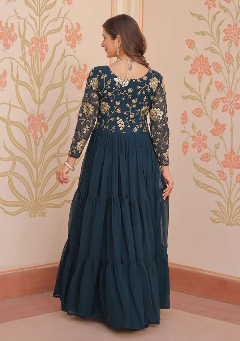 Rama Blue Embroidered Faux Blooming Anarkali Set - Indya