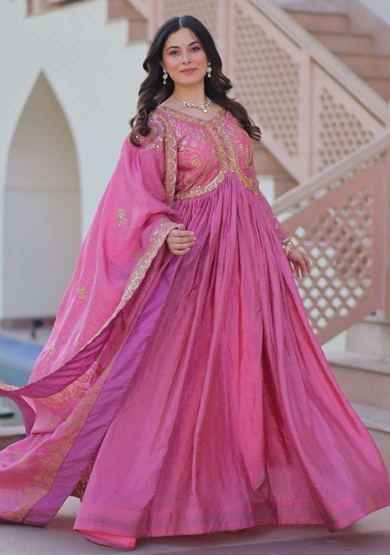 Pink Embroidered Gold Crush Anarkali Set - Indya