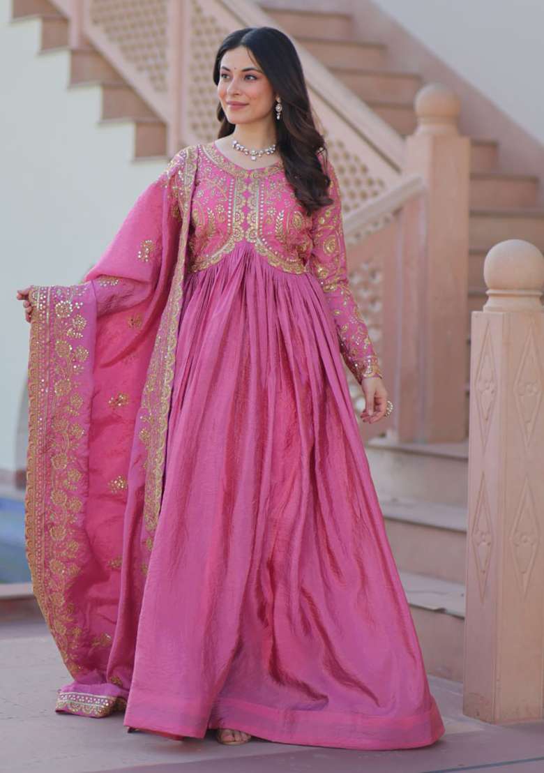 Pink Embroidered Gold Crush Anarkali Set - Indya