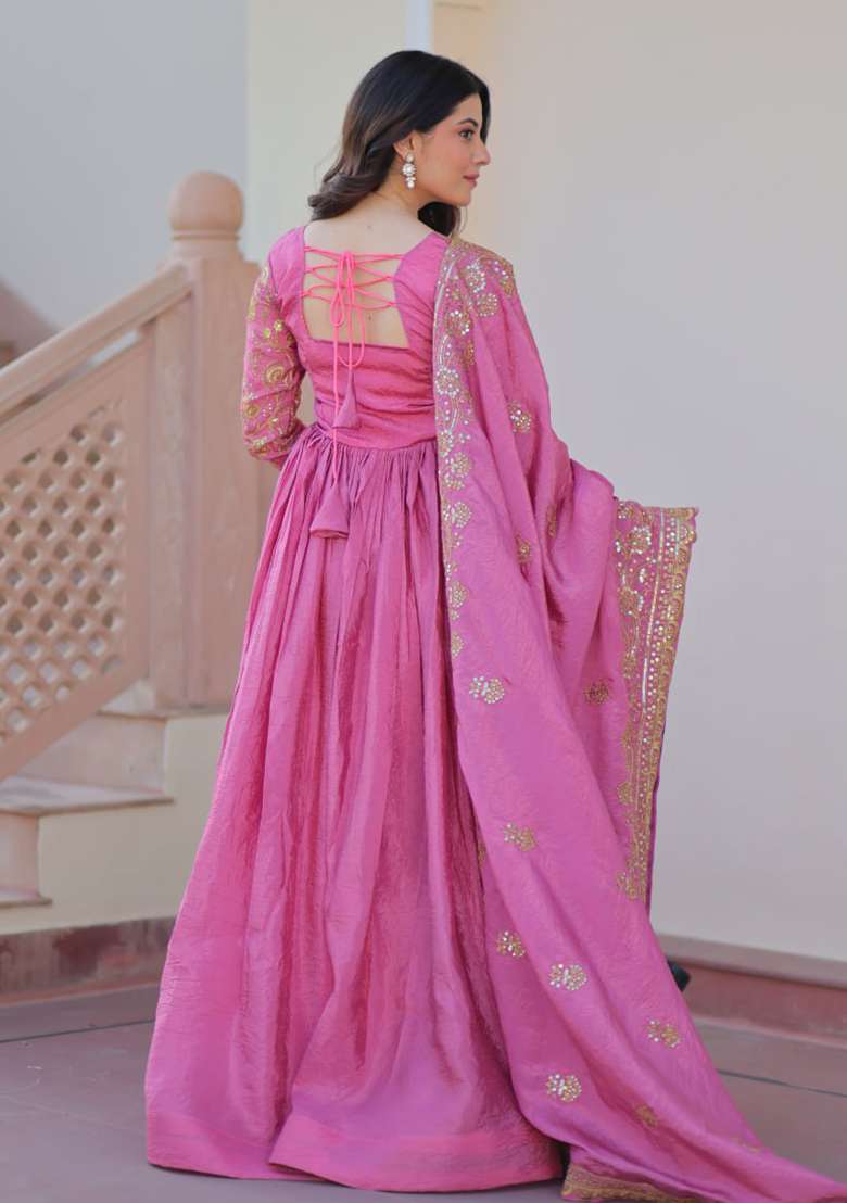 Pink Embroidered Gold Crush Anarkali Set - Indya