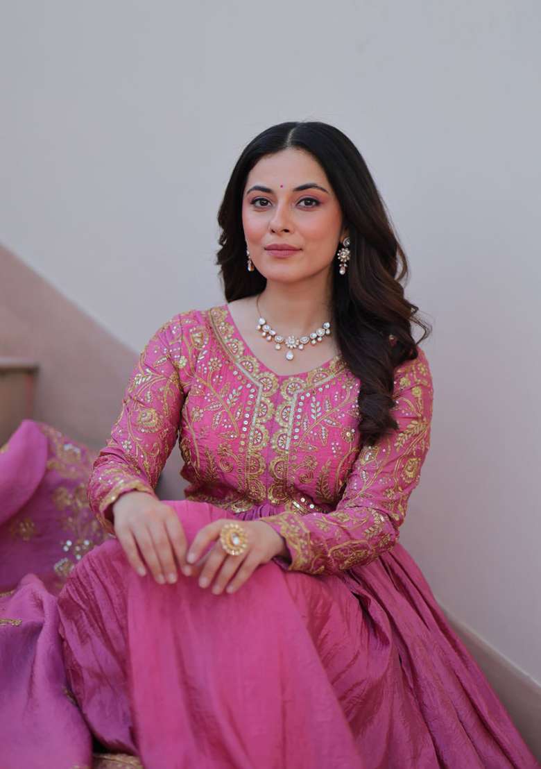 Pink Embroidered Gold Crush Anarkali Set - Indya