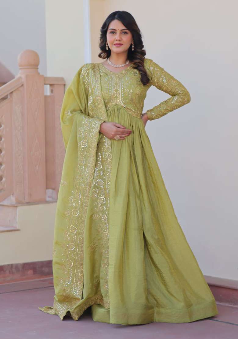 Green Embroidered Gold Crush Anarkali Set - Indya