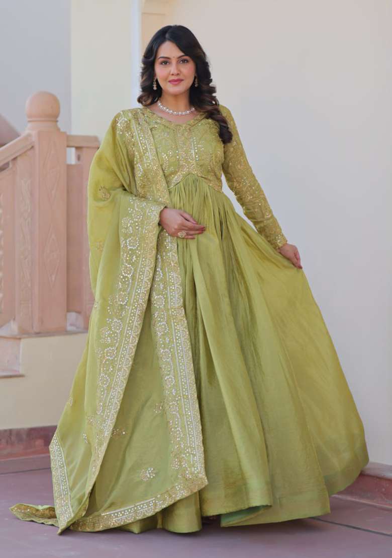Green Embroidered Gold Crush Anarkali Set - Indya