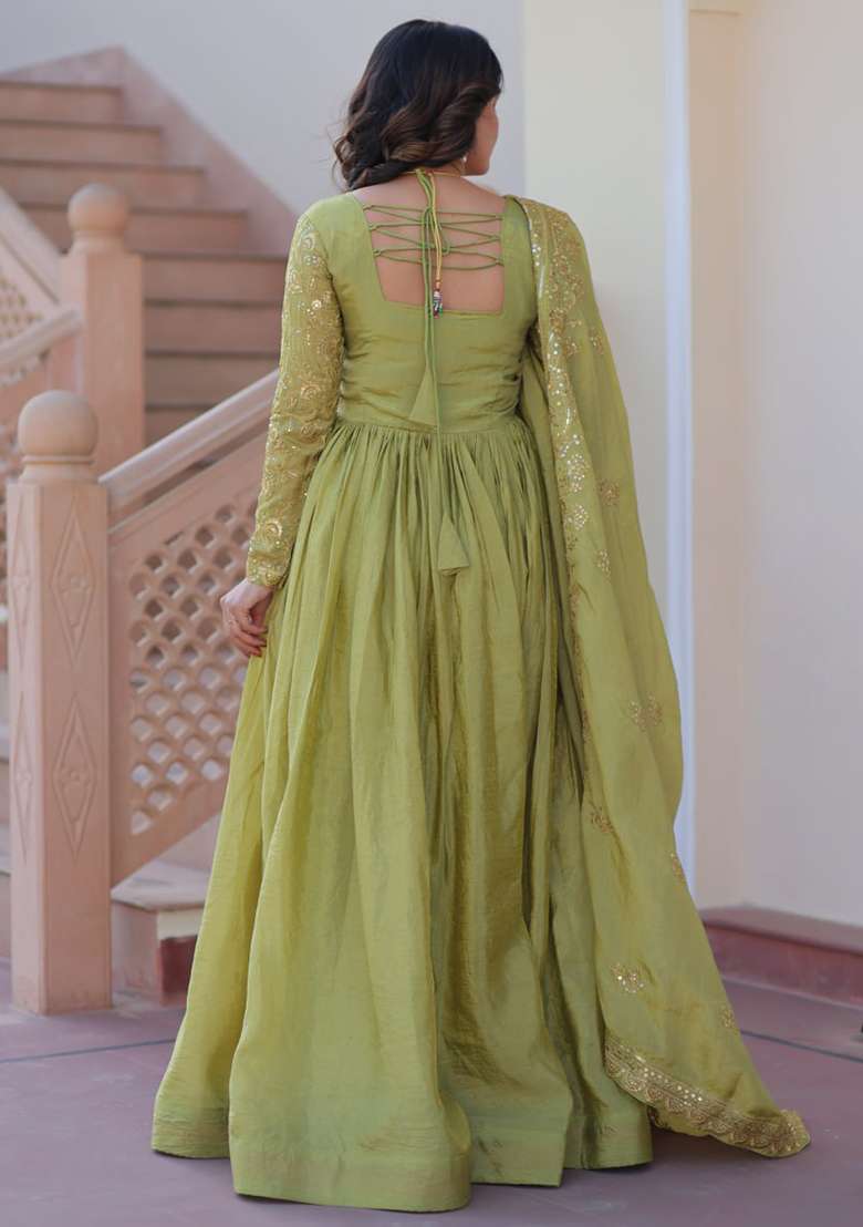 Green Embroidered Gold Crush Anarkali Set - Indya
