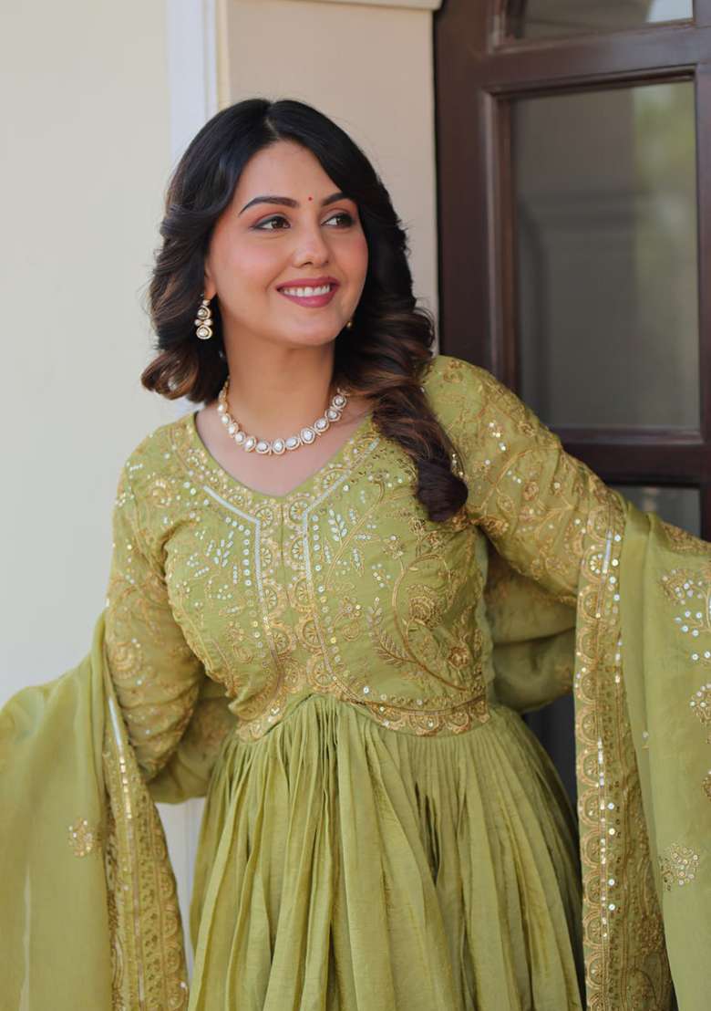 Green Embroidered Gold Crush Anarkali Set - Indya