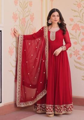 Maroon Embroidered Georgette Anarkali Set