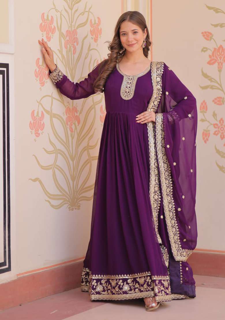 Purple Embroidered Georgette Anarkali Set - Indya