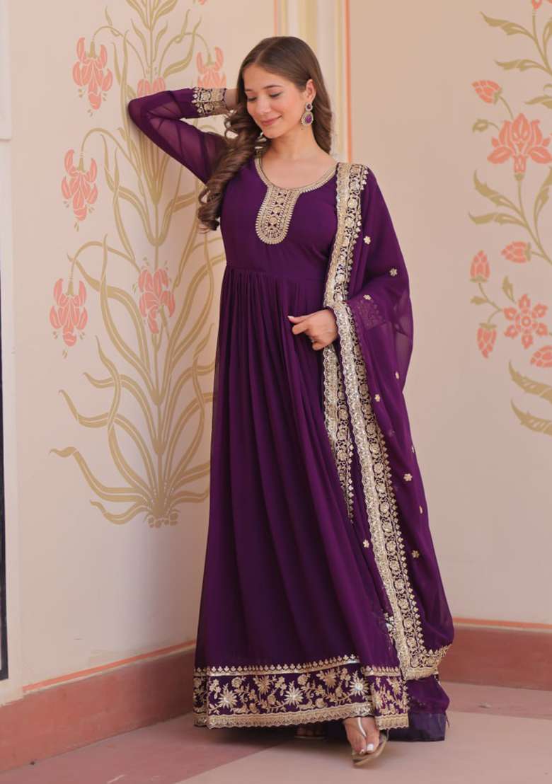 Purple Embroidered Georgette Anarkali Set - Indya