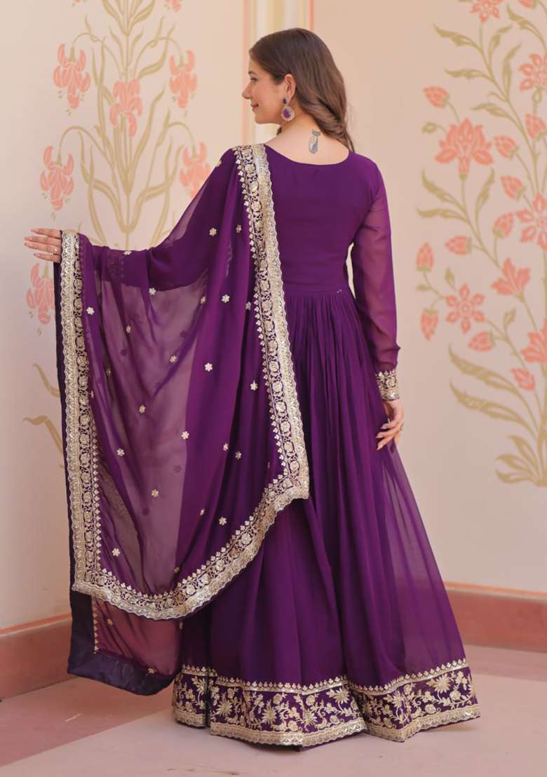 Purple Embroidered Georgette Anarkali Set - Indya