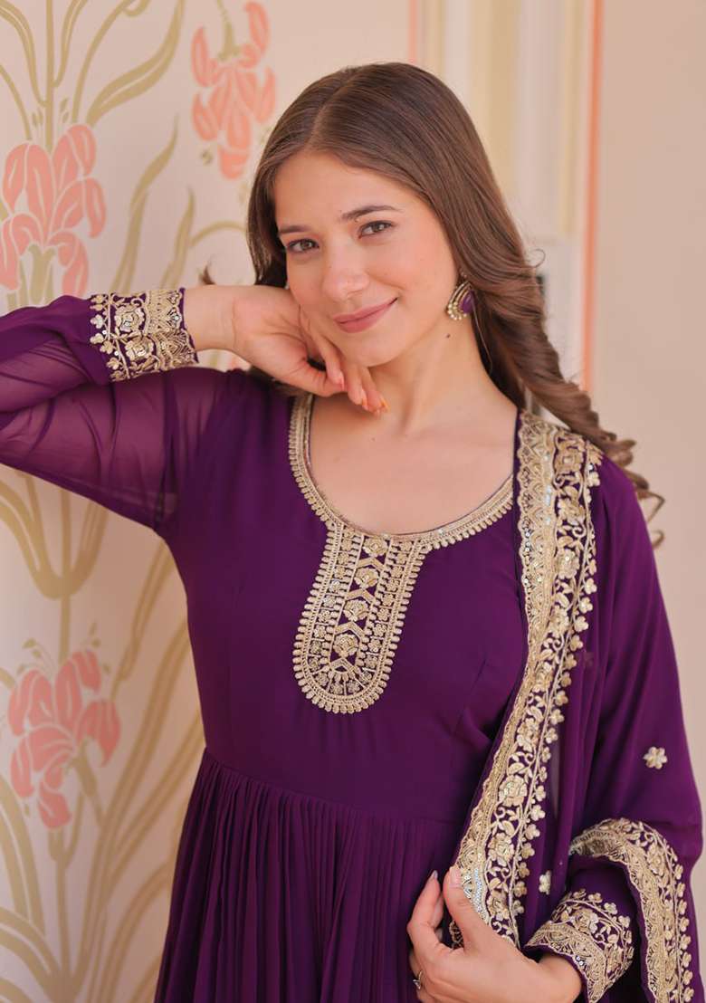 Purple Embroidered Georgette Anarkali Set - Indya