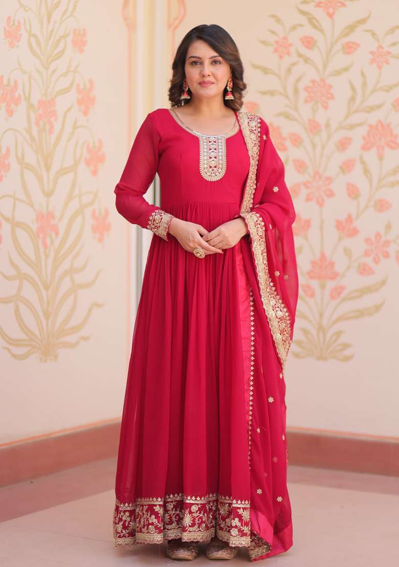 Rani Pink Embroidered Georgette Anarkali Set - Indya