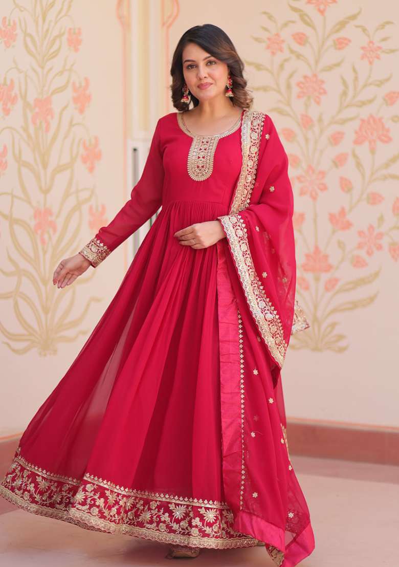 Rani Pink Embroidered Georgette Anarkali Set - Indya