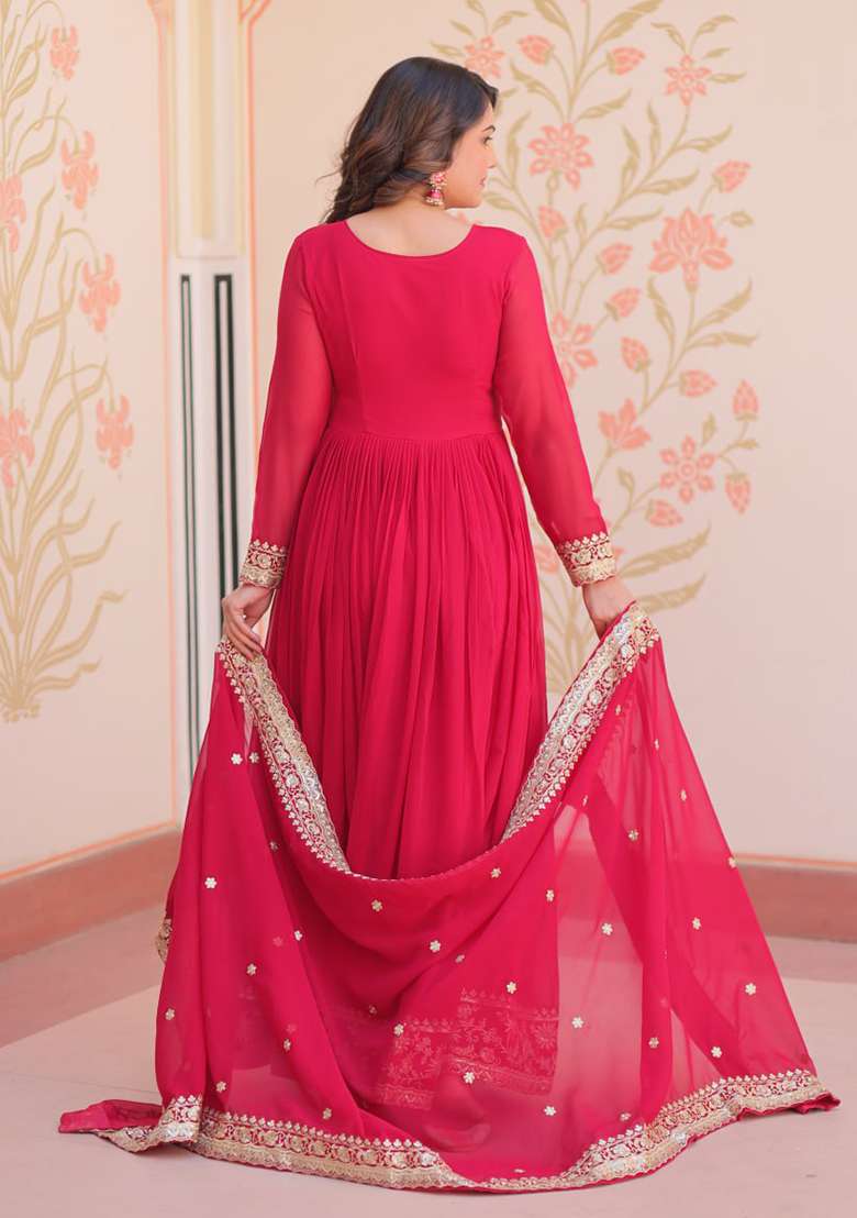 Rani Pink Embroidered Georgette Anarkali Set - Indya