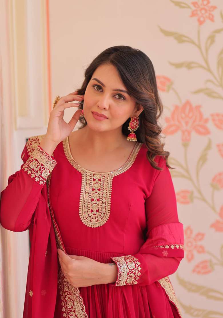 Rani Pink Embroidered Georgette Anarkali Set - Indya