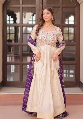 Off White Embroidered Cosmos Anarkali Set