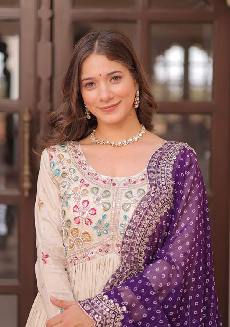 Off White Embroidered Cosmos Anarkali Set - Indya