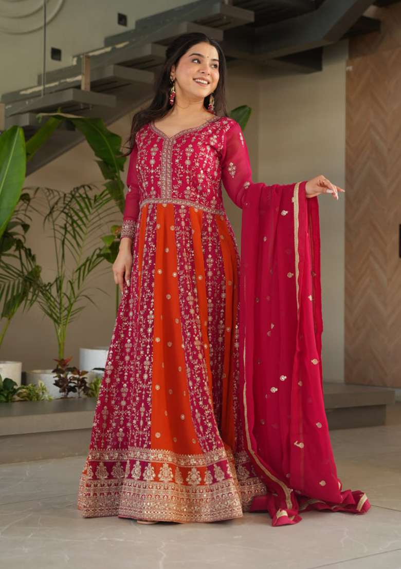 Pink Embroidered Faux Blooming Anarkali Set - Indya