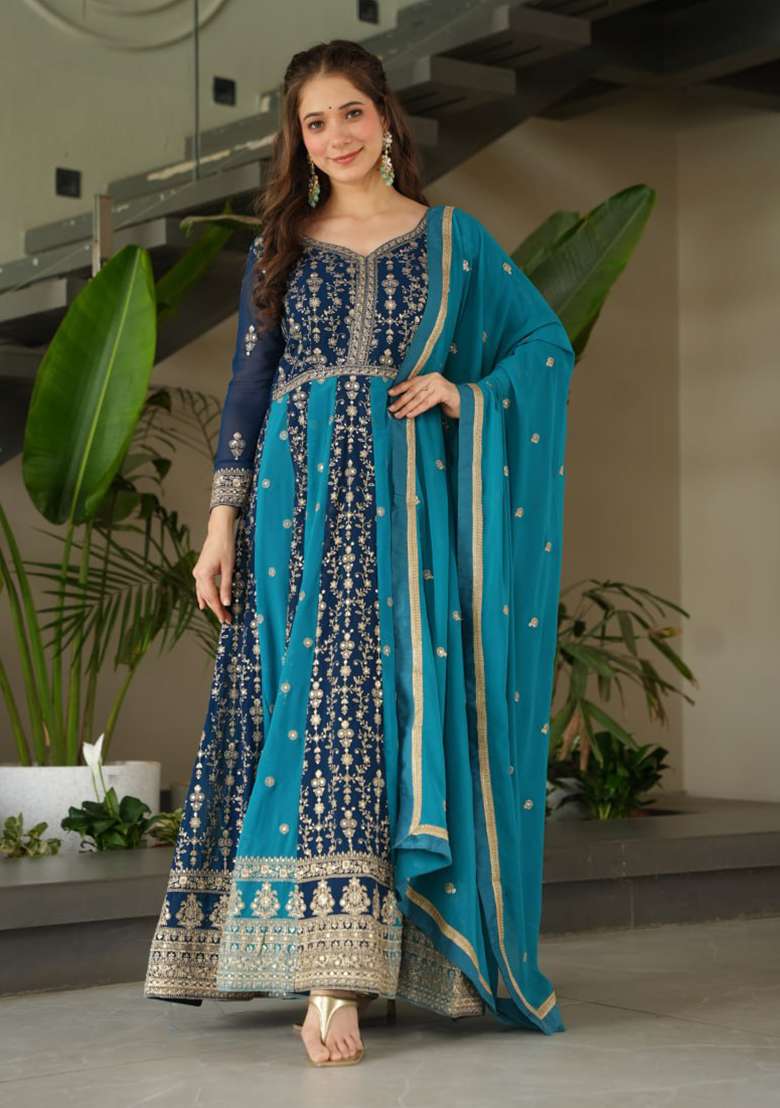 Rama Blue Embroidered Faux Blooming Anarkali Set - Indya