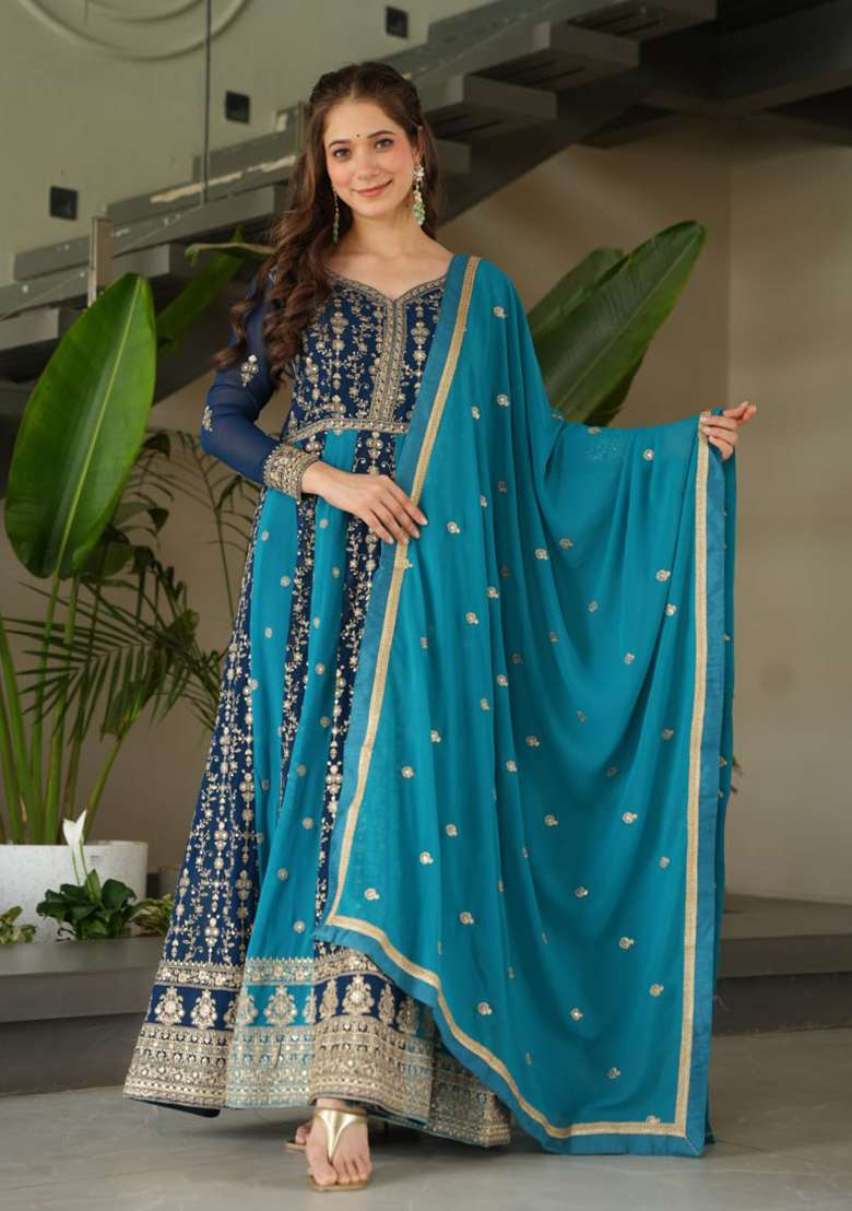 Rama Blue Embroidered Faux Blooming Anarkali Set - Indya