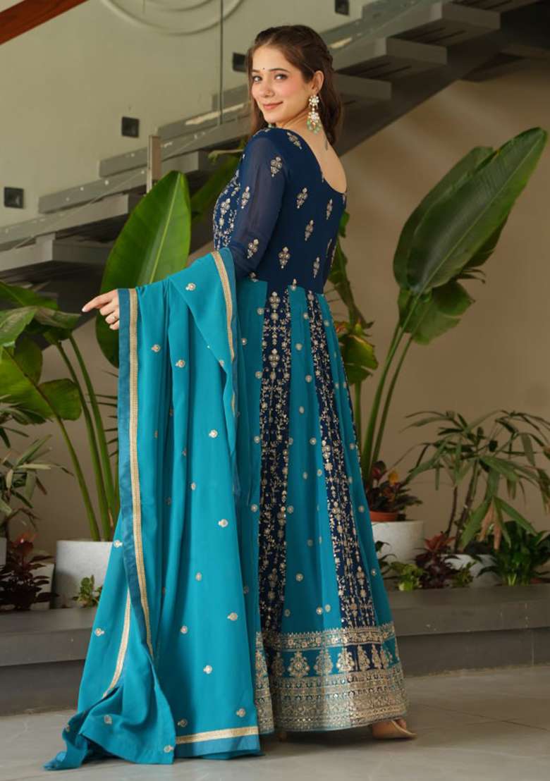 Rama Blue Embroidered Faux Blooming Anarkali Set - Indya
