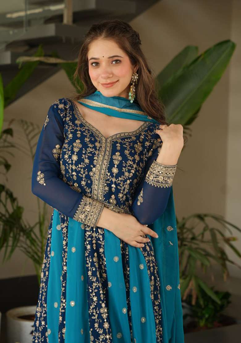 Rama Blue Embroidered Faux Blooming Anarkali Set - Indya